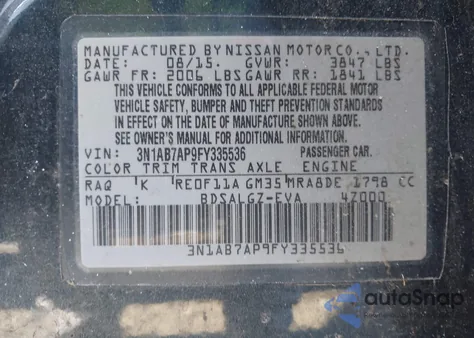 2015 Nissan Sentra Sl from USA, damaged, VIN 3N1AB7AP9FY335536